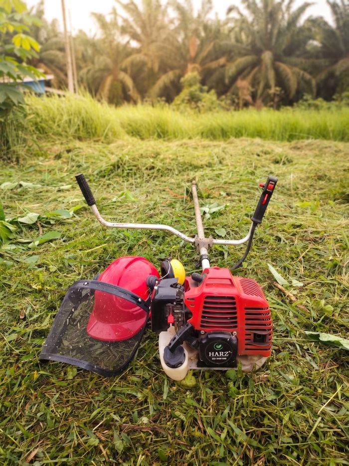 The Art of Drawing Readers In: Your attractive post title goes here Lawn mower with safety helmet in an outdoor setting, palm trees in Malaysia.